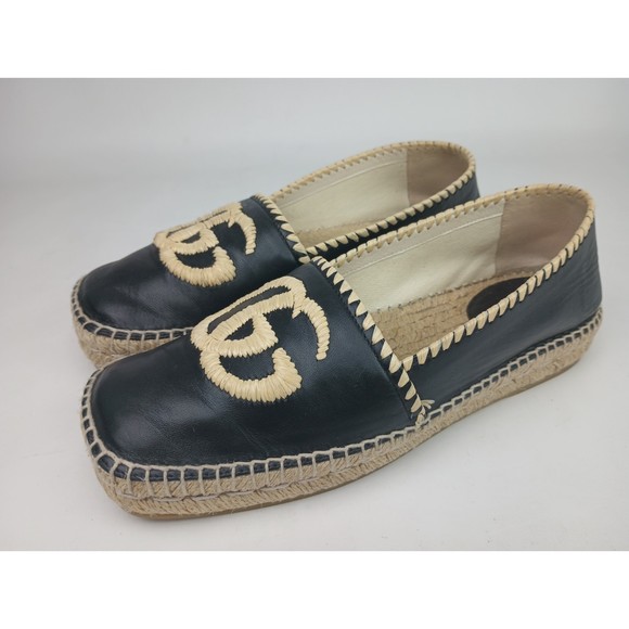 Gucci Women's Black Leather Embroidered GG Espadrilles Size 38 - Picture 2 of 8
